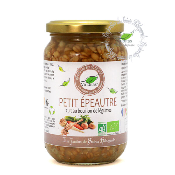 Bocal de véritable petit épeautre (engrain) bio cuit au bouillon de légumes. Non croisé avec du blé (non hybridé). Idem Label Hertzka. Triticum Monococcum Origine France. Recommandé par sainte Hildegarde de Bingen