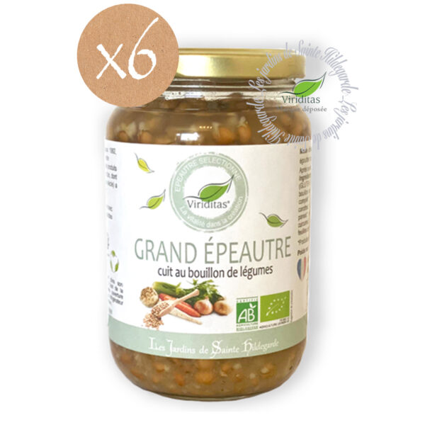 Bocal de grand épeautre Oberkulmer bio cuit au bouillon de légumes. Lot de 6. Non croisé avec du blé (non hybridé). Idem Label Hertzka. Triticum Spelta Origine France. Recommandé par sainte Hildegarde de Bingen