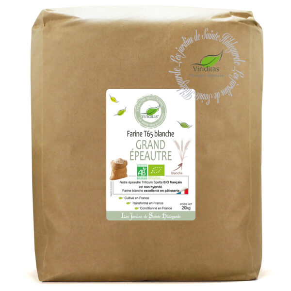 Farine T65 blanche grand épeautre bio. Non croisé avec du blé (non hybridé) sachet de 20kg - Variété OBERKULMER- Triticum spelta * issu de l'agriculture biologique Origine France. Recommandé par sainte Hildegarde de Bingen