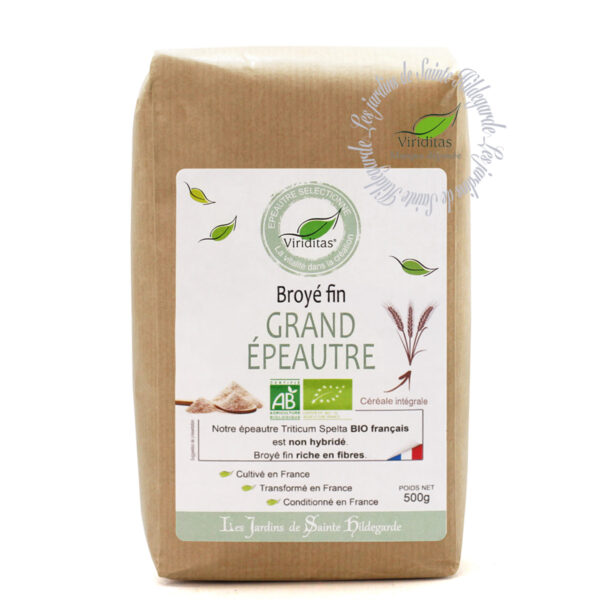 Broyé fin de grand épeautre bio Oberkulmer non hybridé paquet de 500g. Idem Label Hertzka. Triticum Spelta Origine France. Recommandé par sainte Hildegarde de Bingen