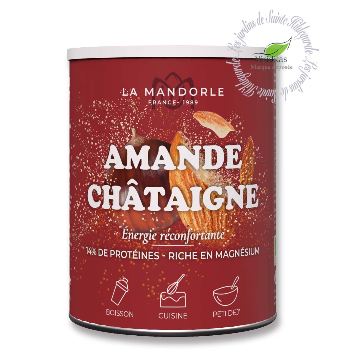 Lait d'amande et châtaigne Bio pour boisson instantanée. Poids net 400g.
