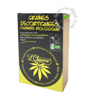 Graines de chanvre décortiquées bio. Poids net 150g. Poche sous vide.