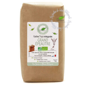 Farine T150 de grand épeautre bio Oberkulmer Non croisé avec du blé (non hybridé) sachet de 1kg. Idem Label Hertzka. Triticum Spelta Origine France. Riche en Fibres, recommandé par sainte Hildegarde de Bingen