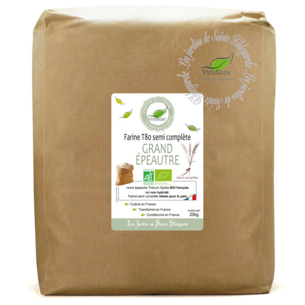 Farine T80 semi complète grand épeautre bio. Non croisé avec du blé (non hybridé) sachet de 20kg - Variété OBERKULMER- Triticum spelta * issu de l'agriculture biologique Origine France. Recommandé par sainte Hildegarde de Bingen