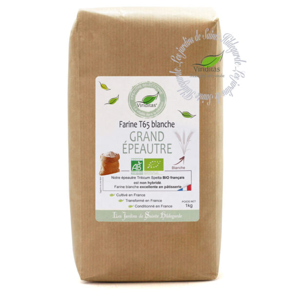 FARINE T65 GRAND ÉPEAUTRE BIO Non croisé avec du blé (non hybridé) sachet de 1kg - Variété OBERKULMER- Triticum spelta * issu de l'agriculture biologique Origine France. Recommandé par sainte Hildegarde de Bingen