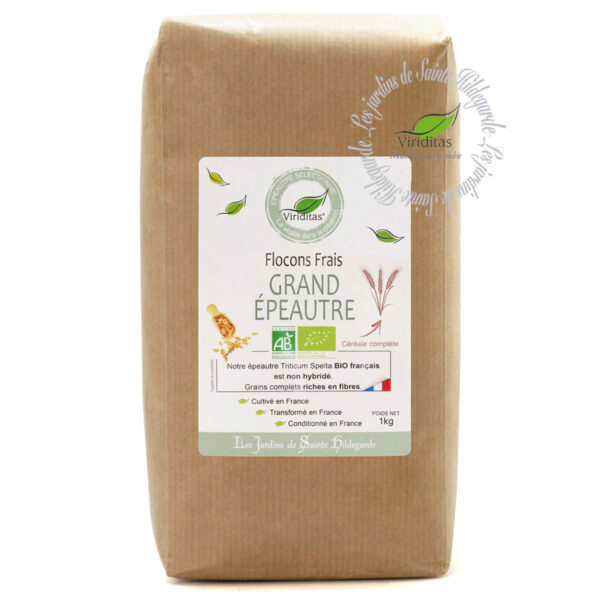 Flocons frais de grand épeautre BIO 1kg Non croisé avec du blé (non hybridé) - Variété Oberkulmer- Idem Label Hertzka. Triticum spelta Origine France Origine France -Recommandé par sainte Hildegarde de Bingen