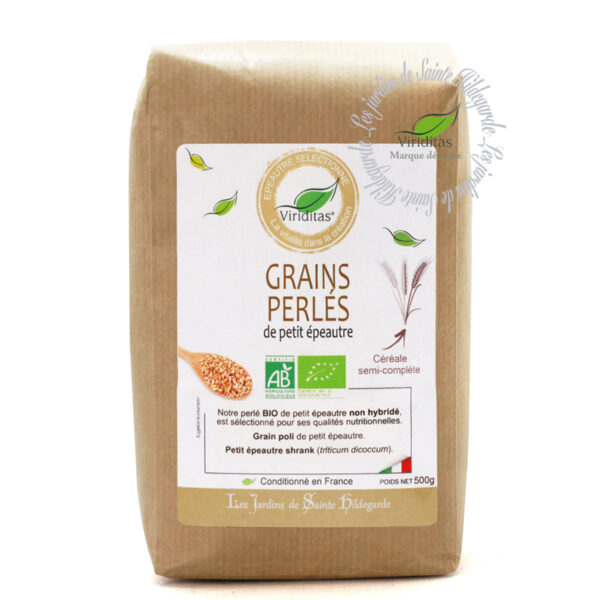 Grains perlés de petit épeautre italien bio, sachet de 500g. Non croisé avec du blé (non hybridé) - variété SHRANK Triticum Dicoccum Origine Italie. Recommandé par sainte Hildegarde de Bingen