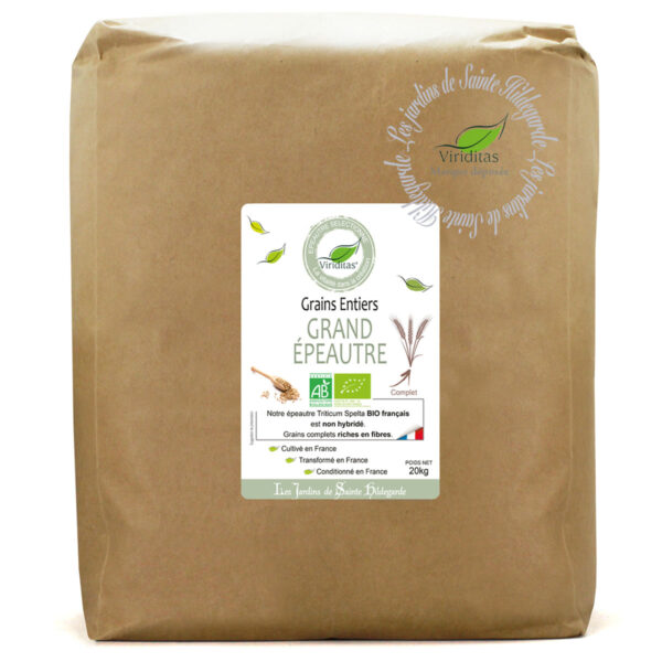 Grains entiers de grand épeautre bio. Non croisé avec du blé (non hybridé) sachet de 20kg - Variété OBERKULMER- Triticum spelta Origine France. Recommandé par sainte Hildegarde de Bingen