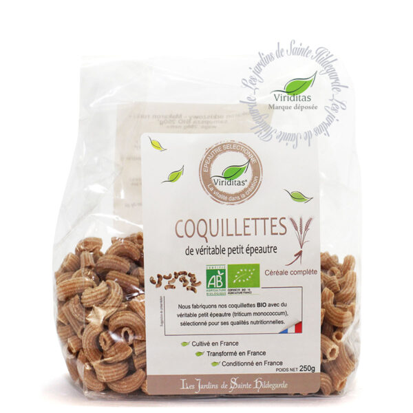 pâtes coquillettes de véritable petit épeautre (engrain) bio en 250g. Non croisé avec du blé (non hybridé). Idem Label Hertzka. Triticum Monococcum Origine France. Recommandé par sainte Hildegarde de Bingen