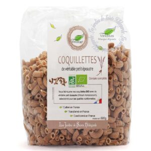 pâtes coquillettes de véritable petit épeautre (engrain) bio en 500g. Non croisé avec du blé (non hybridé). Idem Label Hertzka. Triticum Monococcum Origine France. Recommandé par sainte Hildegarde de Bingen