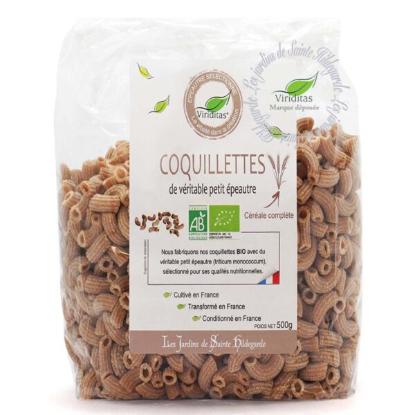 pâtes coquillettes de véritable petit épeautre (engrain) bio en 500g. Non croisé avec du blé (non hybridé). Idem Label Hertzka. Triticum Monococcum Origine France. Recommandé par sainte Hildegarde de Bingen