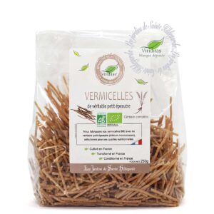 pâtes vermicelles de véritable petit épeautre (engrain) bio en 250g. Non croisé avec du blé (non hybridé). Idem Label Hertzka. Triticum Monococcum Origine France. Recommandé par sainte Hildegarde de Bingen