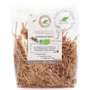 pâtes vermicelles de véritable petit épeautre (engrain) bio en 500g. Non croisé avec du blé (non hybridé). Idem Label Hertzka. Triticum Monococcum Origine France. Recommandé par sainte Hildegarde de Bingen