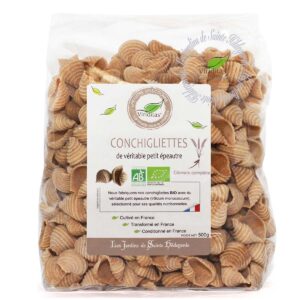 pâtes conchigliettes de véritable petit épeautre (engrain) bio en 500g. Non croisé avec du blé (non hybridé). Idem Label Hertzka. Triticum Monococcum Origine France. Recommandé par sainte Hildegarde de Bingen