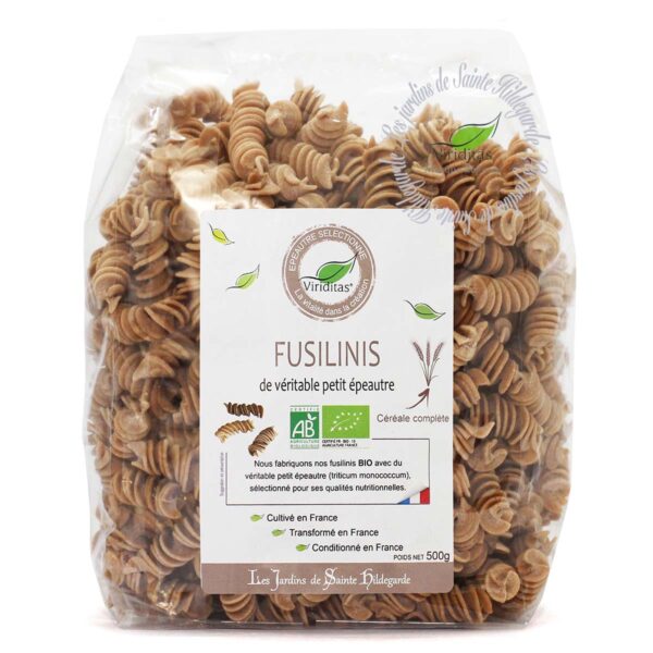 pâtes fusilinis de véritable petit épeautre (engrain) bio en 500g. Non croisé avec du blé (non hybridé). Idem Label Hertzka. Triticum Monococcum Origine France. Recommandé par sainte Hildegarde de Bingen