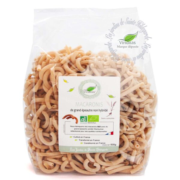 pâtes macaronis de grand épeautre bio sachet de 500G * Non croisé avec du blé (non hybridé) - Variété 'OBERKULMER'- Triticum spelta * issu de l'agriculture biologique - Origine France. Recommandé par sainte Hildegarde de Bingen