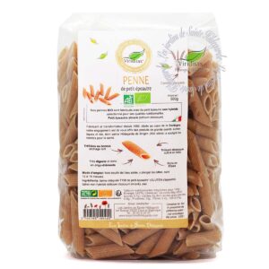 pâtes penne bio de petit épeautre italien, sachet de 500g. Non croisé avec du blé (non hybridé) - variété SHRANK Triticum Dicoccum Origine Italie. Recommandé par sainte Hildegarde de Bingen