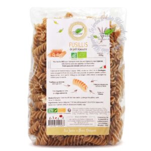 pâtes fusillis bio de petit épeautre italien, sachet de 500g. Non croisé avec du blé (non hybridé) - variété SHRANK Triticum Dicoccum Origine Italie. Recommandé par sainte Hildegarde de Bingen