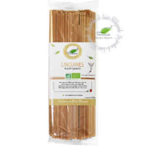 pâtes linguines bio de petit épeautre italien, sachet de 500g. Non croisé avec du blé (non hybridé) - variété SHRANK Triticum Dicoccum Origine Italie. Recommandé par sainte Hildegarde de Bingen