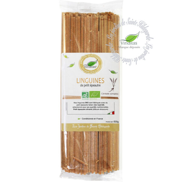 pâtes linguines bio de petit épeautre italien, sachet de 500g. Non croisé avec du blé (non hybridé) - variété SHRANK Triticum Dicoccum Origine Italie. Recommandé par sainte Hildegarde de Bingen