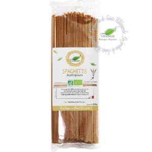 pâtes spaghettis bio de petit épeautre italien, sachet de 500g. Non croisé avec du blé (non hybridé) - variété SHRANK Triticum Dicoccum Origine Italie. Recommandé par sainte Hildegarde de Bingen