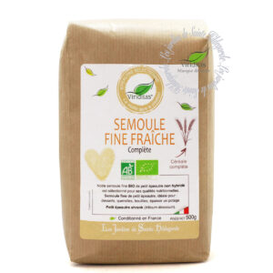 semoule fine fraîche bio de petit épeautre italien, sachet de 500g. Non croisé avec du blé (non hybridé) - variété SHRANK Triticum Dicoccum Origine Italie. Recommandé par sainte Hildegarde de Bingen