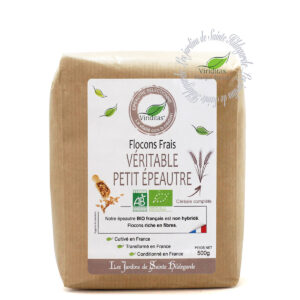 Flocons de véritable petit épeautre (engrain) bio en 500g. Non croisé avec du blé (non hybridé). Idem Label Hertzka. Triticum Monococcum Origine France. Recommandé par sainte Hildegarde de Bingen