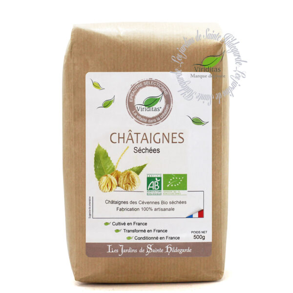 Châtaignes des Cévennes Bio "blanchettes" déshydratées par séchage au feu de bois. Sachet de 500g, recommandé par sainte Hildegarde de Bingen