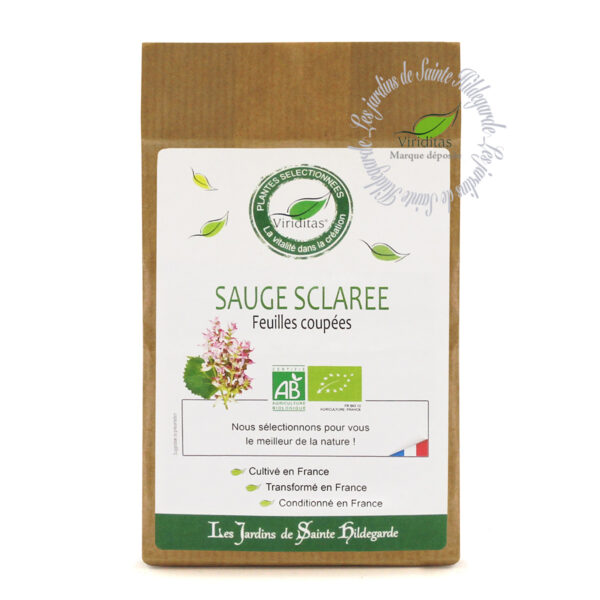 feuilles séchées de sauge sclarée bio, sachet de 40g, recommandé par sainte Hildegarde de Bingen