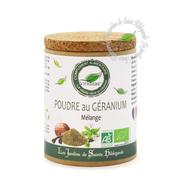 mélange de poudre au géranium bio, pot de 40g, recommandé par sainte Hildegarde de Bingen