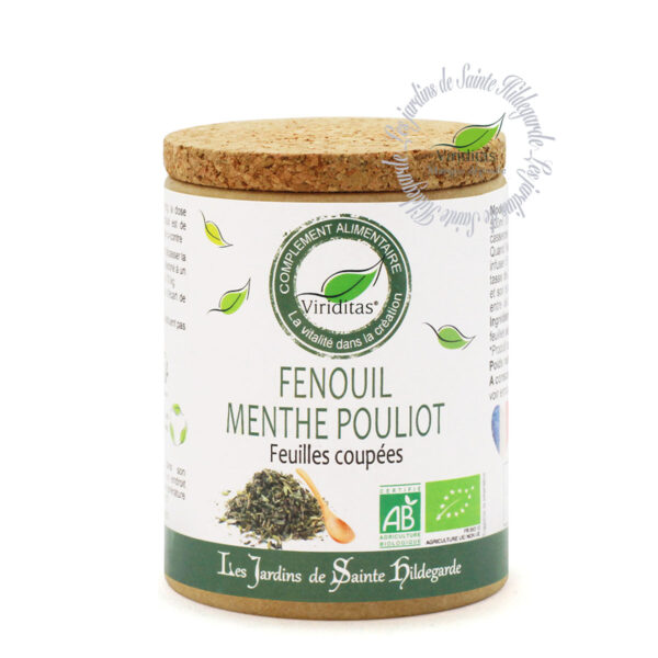 mélange de fenouil-menthe pouliot bio en feuilles séchées, pot de 50g, recommandé par sainte Hildegarde de Bingen