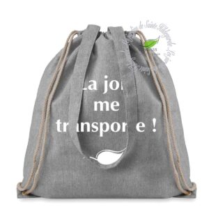 Sac coton recyclé "la joie me transporte" porté épaule ou sac à dos